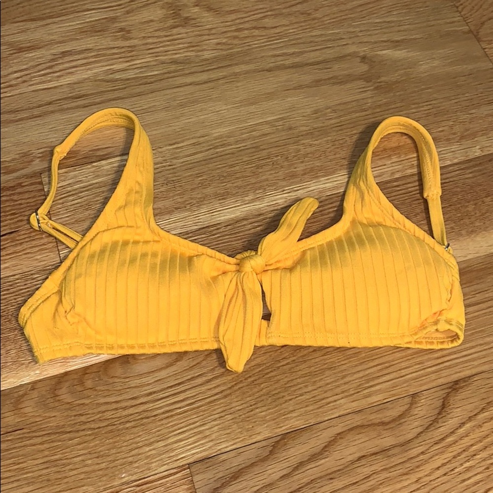 Yellow ribbed bikini top with tie front
